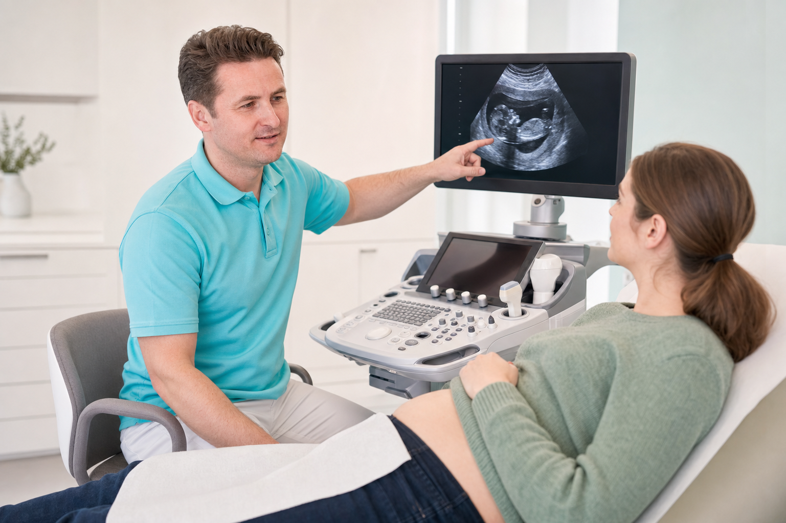 Dr. Attila Bakk erläutert einer Patientin das Ultraschallbild am Monitor